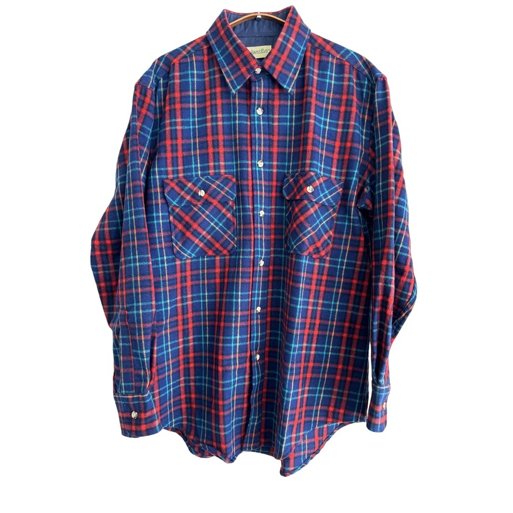 Vintage womens plaid blue red virgin wool flannel button up shirt | Sz L